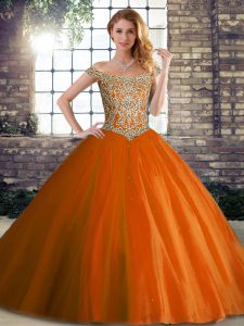 Cute Tulle Off The Shoulder Sleeveless Brush Train Lace Up Beading 15 Quinceanera Dress in Orange Red