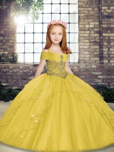 Yellow Ball Gowns Tulle Straps Sleeveless Beading Floor Length Lace Up Child Pageant Dress