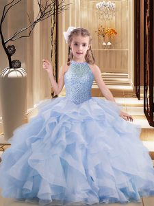High-neck Sleeveless Brush Train Lace Up Little Girls Pageant Gowns Lavender Tulle