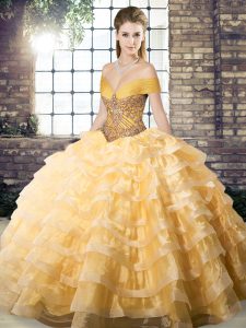 Ball Gowns Sleeveless Gold Quinceanera Gown Brush Train Lace Up