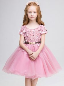 Pink Short Sleeves Tulle Lace Up Kids Pageant Dress for Wedding Party