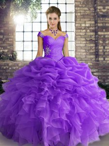 Lavender Organza Lace Up Off The Shoulder Sleeveless Floor Length Vestidos de Quinceanera Beading and Ruffles and Pick Ups