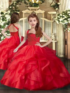 Straps Sleeveless Girls Pageant Dresses Floor Length Ruffles and Ruching Red Tulle