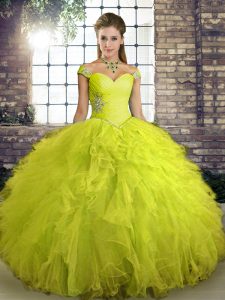 Yellow Green Ball Gowns Tulle Off The Shoulder Sleeveless Beading and Ruffles Floor Length Lace Up Sweet 16 Quinceanera Dress