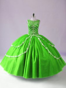 Fabulous Green Tulle Zipper Scoop Sleeveless Floor Length 15 Quinceanera Dress Beading and Appliques