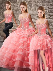 Beading and Ruffled Layers Ball Gown Prom Dress Watermelon Red Lace Up Sleeveless Court Train