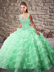 Spectacular Sleeveless Organza Court Train Lace Up Quinceanera Gown in Apple Green with Beading and Ruffled Layers
