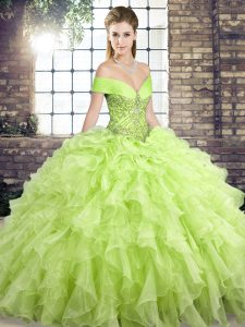 Simple Off The Shoulder Sleeveless Sweet 16 Quinceanera Dress Brush Train Beading and Ruffles Yellow Green Organza