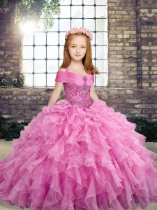 Best Straps Sleeveless Little Girls Pageant Gowns Floor Length Beading and Ruffles Lilac Organza