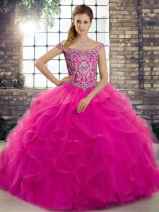 Fuchsia Lace Up Off The Shoulder Beading and Ruffles Quinceanera Dresses Tulle Sleeveless Brush Train