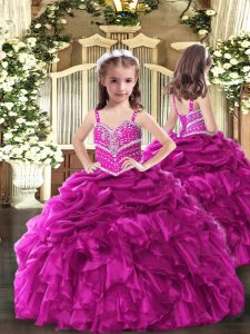 Fuchsia Ball Gowns Beading and Ruffles Pageant Dresses Lace Up Organza Sleeveless Floor Length