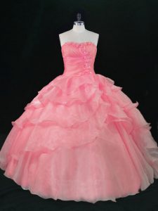 Watermelon Red Sleeveless Beading and Ruffles Floor Length Quinceanera Gown