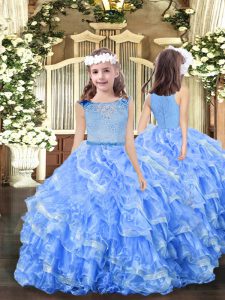 High Quality Sleeveless Organza Floor Length Zipper Little Girl Pageant Dress in Blue with Beading and Ruffles