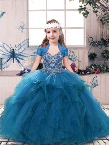 Blue Kids Pageant Dress Party and Sweet 16 and Wedding Party with Beading and Ruffles Straps Sleeveless Lace Up