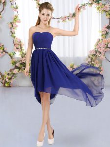 Custom Designed Royal Blue Sleeveless High Low Beading Lace Up Quinceanera Court of Honor Dress