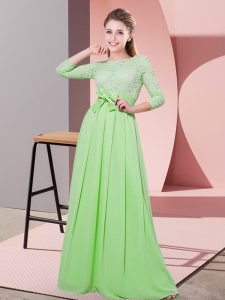 Empire Scoop 3 4 Length Sleeve Chiffon Floor Length Side Zipper Lace and Belt Dama Dress for Quinceanera