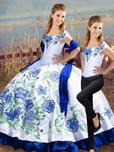 Best Floor Length Blue And White Ball Gown Prom Dress Off The Shoulder Sleeveless Lace Up