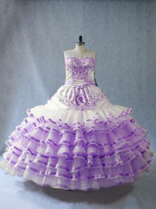 Flare Sleeveless Floor Length Embroidery and Ruffled Layers and Bowknot Lace Up Ball Gown Prom Dress with White And Purple