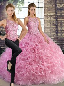 Superior Scoop Sleeveless Fabric With Rolling Flowers Quinceanera Dresses Beading Lace Up