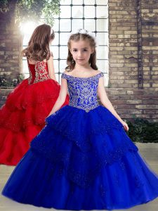 Floor Length Royal Blue Little Girls Pageant Dress Sleeveless Beading and Appliques