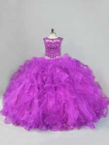 Flare Purple Sleeveless Beading and Ruffles Floor Length 15 Quinceanera Dress