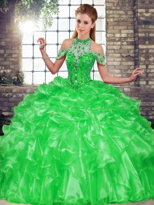 High Class Green Ball Gowns Beading and Ruffles Vestidos de Quinceanera Lace Up Organza Sleeveless Floor Length