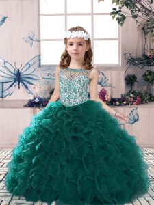 Dramatic Floor Length Ball Gowns Sleeveless Peacock Green Pageant Gowns For Girls Lace Up