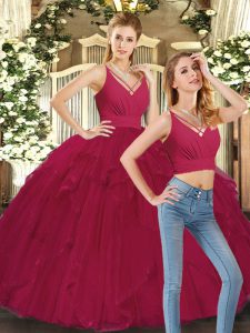 Ball Gowns Quince Ball Gowns Red V-neck Tulle Sleeveless Floor Length Lace Up