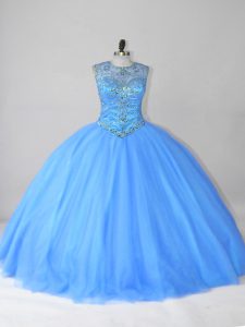 Gorgeous Scoop Sleeveless Lace Up Quinceanera Dresses Blue Tulle