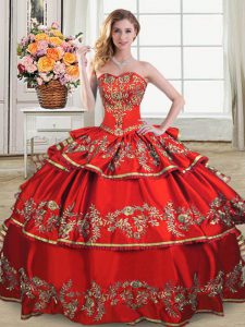 Cute Red Sleeveless Floor Length Embroidery and Ruffled Layers Lace Up Quinceanera Dresses