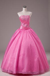 Organza Strapless Sleeveless Lace Up Embroidery 15th Birthday Dress in Rose Pink