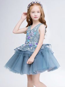 Flare Sleeveless Tulle Mini Length Lace Up Little Girls Pageant Dress Wholesale in Grey with Lace and Appliques