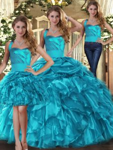 Teal Lace Up Quinceanera Gowns Ruffles and Pick Ups Sleeveless Floor Length