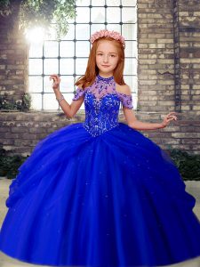 Decent Ball Gowns Little Girls Pageant Dress Royal Blue Halter Top Tulle Sleeveless Floor Length Lace Up