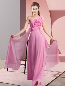 Rose Pink Lace Up One Shoulder Hand Made Flower Quinceanera Court of Honor Dress Chiffon Sleeveless