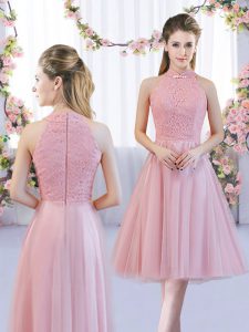 Dazzling Pink Damas Dress Wedding Party with Lace High-neck Sleeveless Zipper