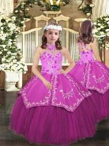 Super Halter Top Sleeveless Pageant Dress for Girls Floor Length Embroidery Lilac Tulle