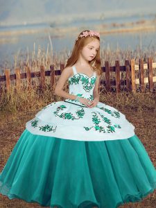 Spectacular Teal Lace Up Straps Embroidery Pageant Dress for Teens Organza Sleeveless