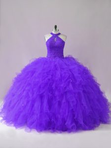 Halter Top Sleeveless Tulle Quinceanera Dresses Beading and Ruffles Lace Up