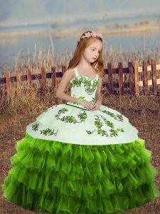 Flirting Floor Length Green Little Girls Pageant Dress Wholesale Organza Sleeveless Embroidery and Ruffled Layers