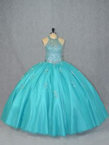Aqua Blue Lace Up Halter Top Beading Quinceanera Gowns Tulle Sleeveless