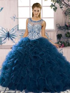 Navy Blue Scoop Neckline Beading and Ruffles Quinceanera Dresses Sleeveless Lace Up