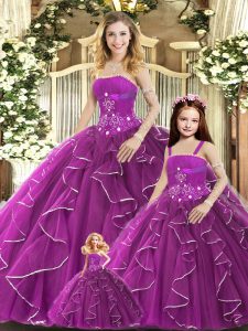 Strapless Sleeveless Sweet 16 Dresses Floor Length Beading and Ruffles Purple Tulle