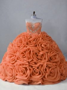Excellent Orange Sweetheart Lace Up Beading Quince Ball Gowns Brush Train Sleeveless