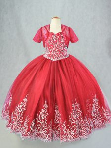 Affordable Floor Length Lace Up Little Girl Pageant Dress Red for Wedding Party with Beading and Embroidery