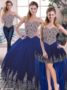 Free and Easy Royal Blue Lace Up Quinceanera Gown Embroidery Sleeveless Floor Length