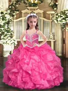 Inexpensive Organza Straps Sleeveless Lace Up Beading and Ruffles High School Pageant Dress in Hot Pink