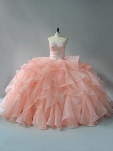 Flare Organza Sleeveless Ball Gown Prom Dress Brush Train and Beading and Ruffles