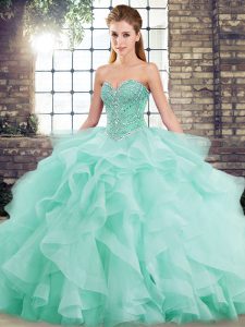Apple Green Quince Ball Gowns Military Ball and Sweet 16 and Quinceanera with Beading and Ruffles Sweetheart Sleeveless Brush Train Lace Up