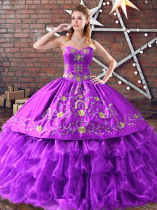 Purple Sweetheart Lace Up Embroidery and Ruffled Layers Sweet 16 Dress Sleeveless
